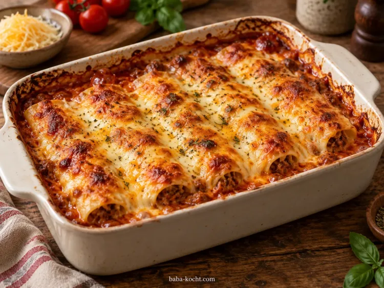 Ruhen lassen – Cheeseburger Cannelloni mit Rinderhack und Cheddar Ruhen lassen – Cheeseburger Cannelloni mit Rinderhack und Cheddar