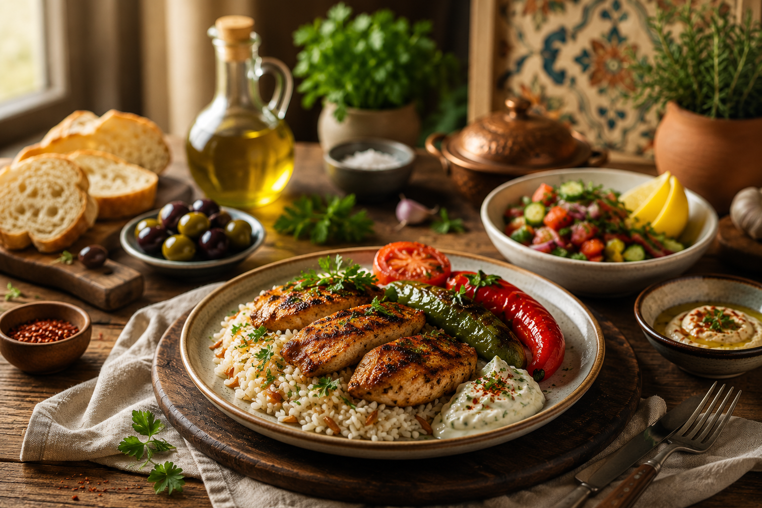 Hochwertig angerichtetes Gericht mit Hähnchen, Reis, gegrilltem Gemüse, Salat, Brot und mediterranen Beilagen auf einem gedeckten Holztisch.
