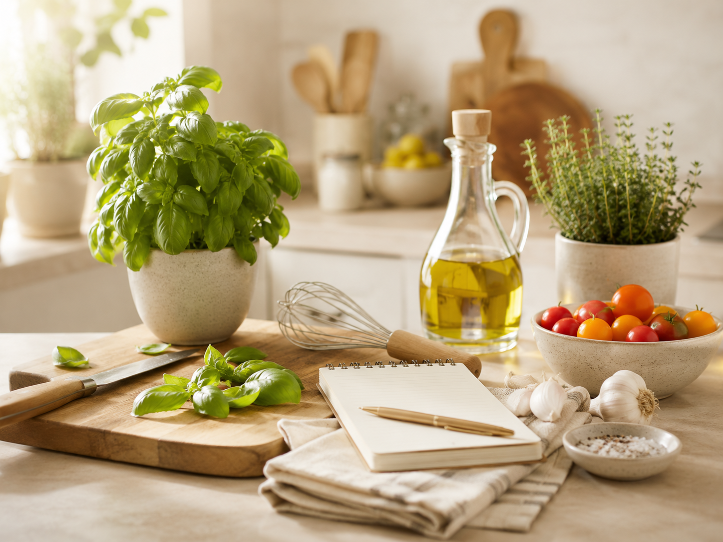 Helle Küche mit frischen Kräutern, Olivenöl, Tomaten, Knoblauch, Schneebesen und Notizblock für praktische Kochtipps