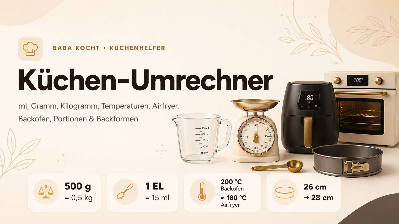 Küchen-Umrechner von Baba Kocht mit Messbecher, Küchenwaage, Airfryer, Backofen und Backform für ml, Gramm, Temperaturen und Portionen.