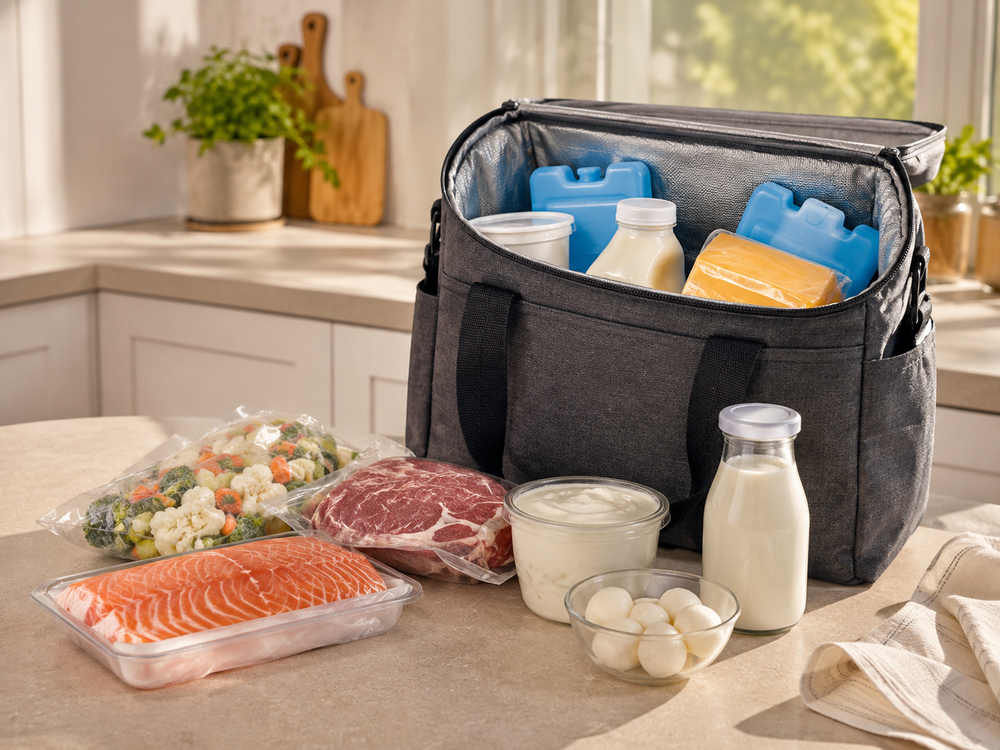Kühltasche mit Kühlakkus und leicht verderblichen Lebensmitteln für eine sichere Kühlkette