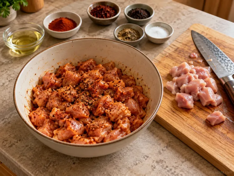 Hähnchen klein schneiden und vor dem Braten würzen – Hähnchen-Tantuni Klein gewürfeltes rohes Hähnchenfleisch wird in einer Schüssel mit Paprika, Pul Biber und weiteren Gewürzen vermengt.