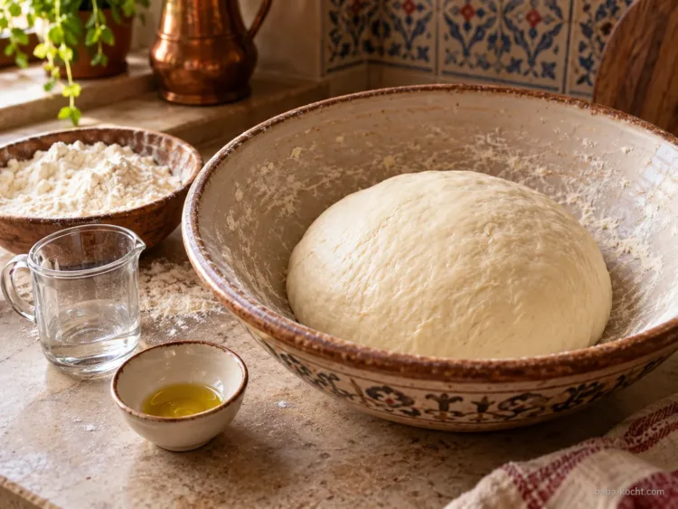 Glatter elastischer Gözleme-Teig in einer großen Schüssel mit Mehl, Wasser und Olivenöl.