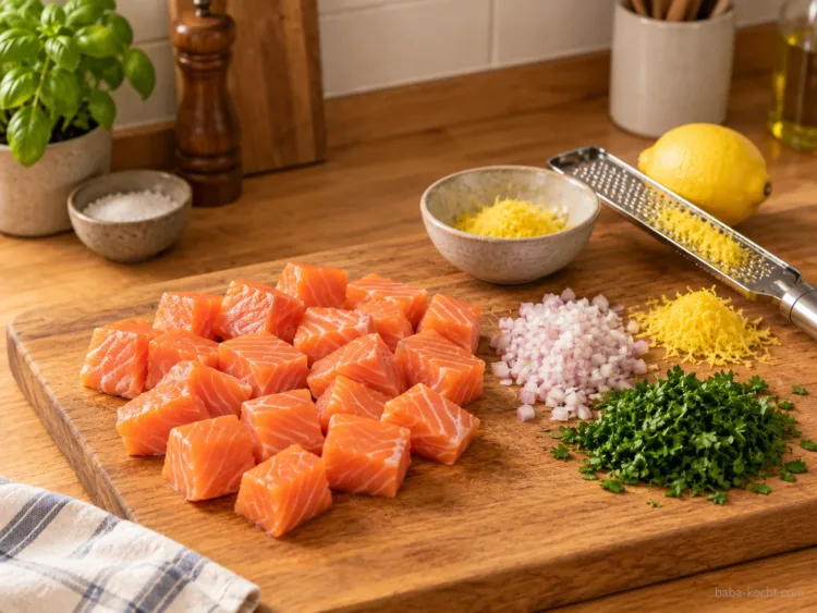 Frisches Lachsfilet wird für Spaghetti mit Lachs in Würfel geschnitten