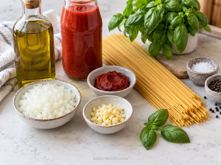 Zutaten vorbereiten – Spaghetti mit Tomatensoße Zutaten vorbereiten – Spaghetti mit Tomatensoße