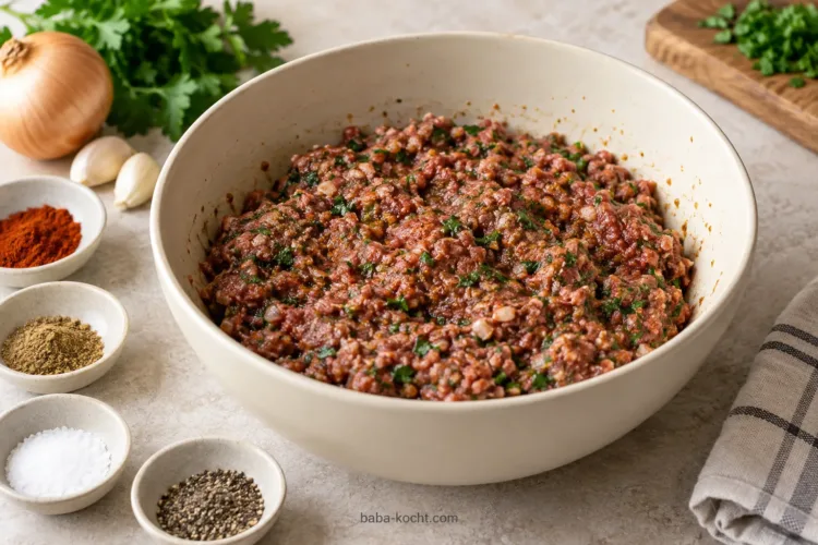 Köfte-Masse zubereiten – Türkische Köfte-Bowl mit Bulgur und Joghurtsauce