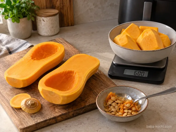 Butternut Kürbis halbiert und entkernt auf einem Schneidebrett