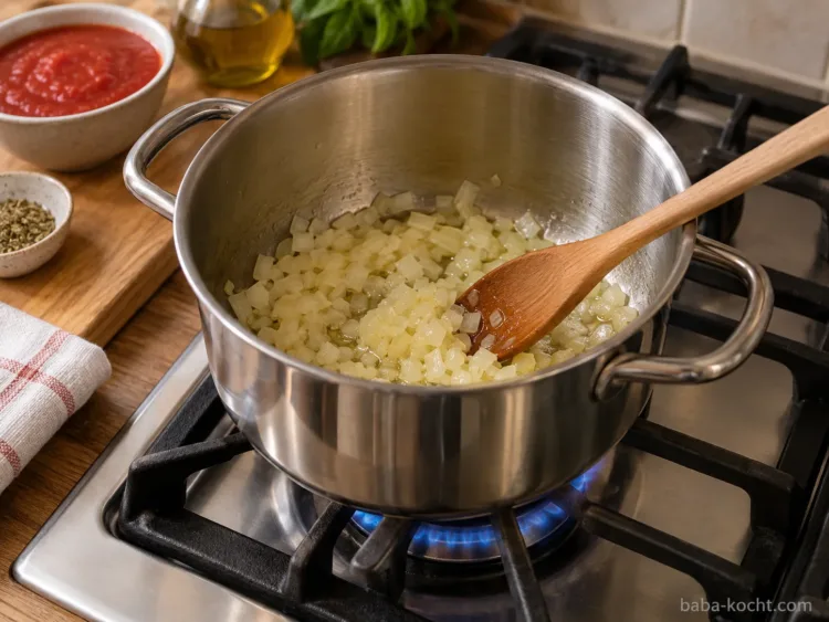 Zwiebeln langsam weich werden lassen – Tomatensuppe mit passierten Tomaten Fein gewürfelte Zwiebeln werden im Topf für die Tomatensuppe glasig und weich gedünstet