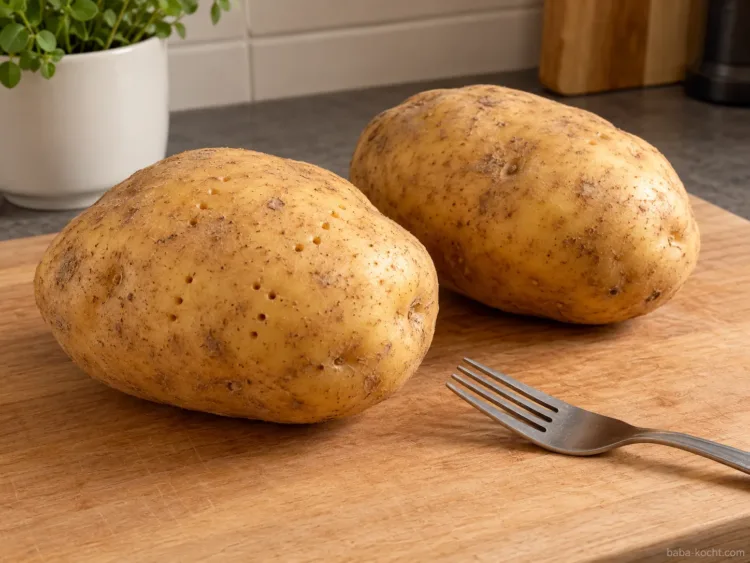 Kartoffeln vorbereiten – Kumpir Zwei große rohe Kartoffeln mit Einstichlöchern und eine Gabel auf einem Holzbrett