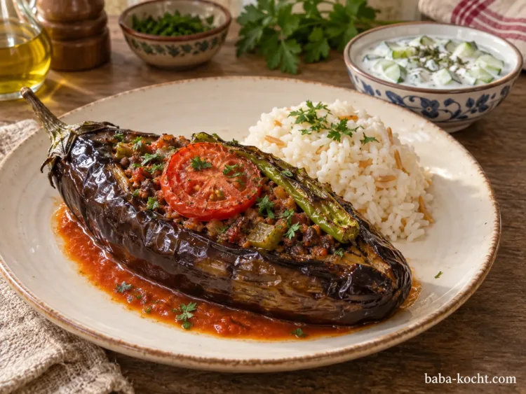 Fertiger Karnıyarık mit Rinderhackfüllung und Tomatensoße, servierfertig angerichtet