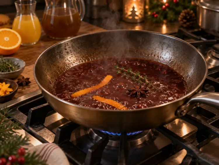 Orangen-Rotwein-Soße ansetzen – Entenbrust im Backofen Orangen-Rotwein-Soße ansetzen – Entenbrust im Backofen