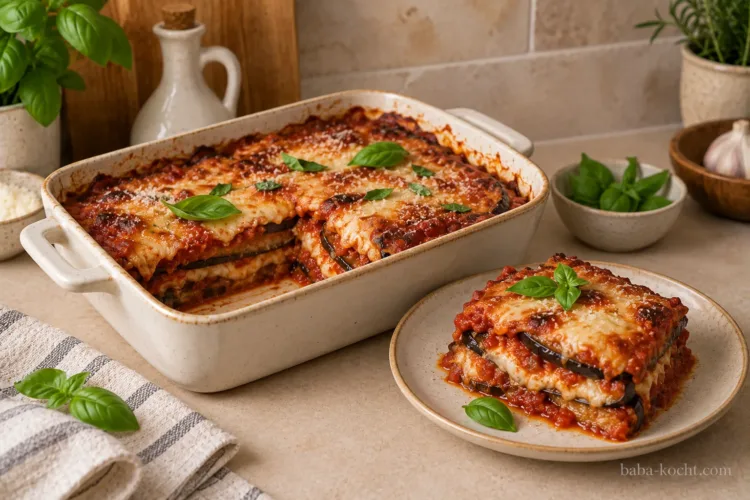 Fertige Parmigiana di Melanzane ruhen lassen und servieren