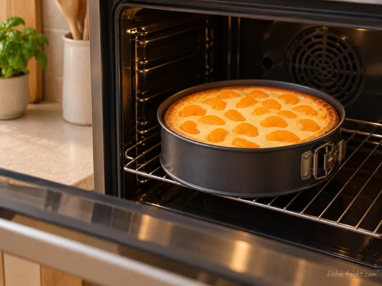 Gebackener Käsekuchen mit Mandarinen beim langsamen Abkühlen in der Springform
