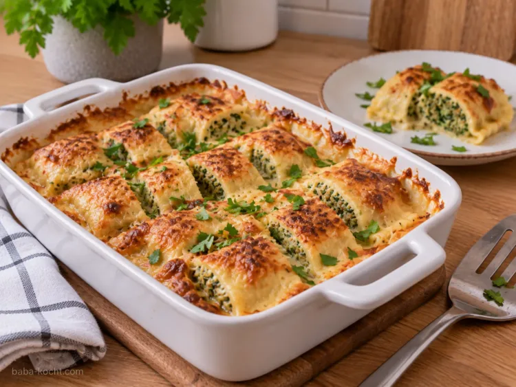 Kurz ruhen lassen und servieren – Maultaschen-Auflauf Kurz ruhen lassen und servieren – Maultaschen-Auflauf
