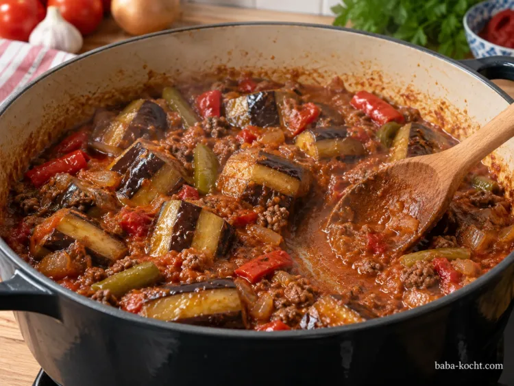 Auberginentopf mit weichen Auberginen und eingekochter Tomatensoße