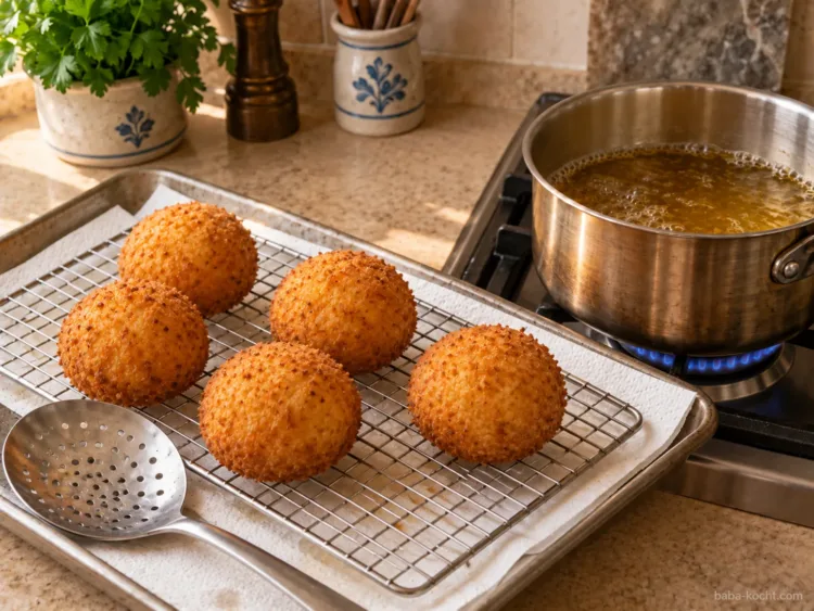 Abtropfen lassen und servieren – Arancini Abtropfen lassen und servieren – Arancini