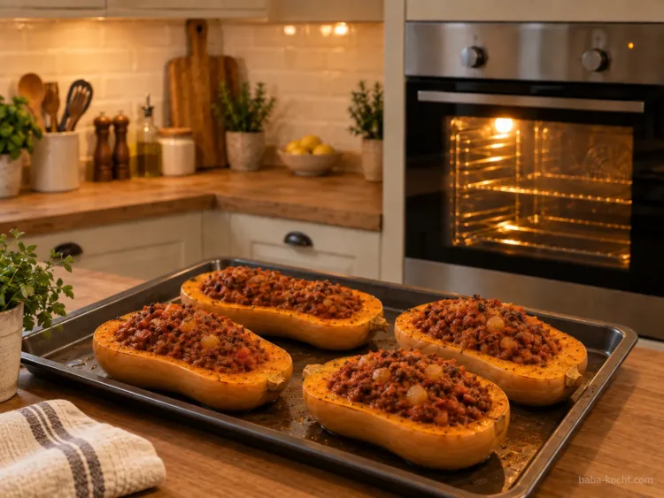 Butternut füllen – Gefüllter Butternut Kürbis mit Hackfleisch und Feta Vorgegarte Butternuthälften mit Hackfleischfüllung gefüllt
