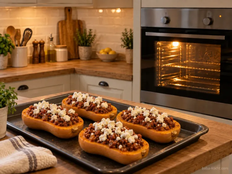 Restlichen Feta verteilen – Gefüllter Butternut Kürbis mit Hackfleisch und Feta Gefüllte Butternuthälften mit zerbröseltem Feta bestreut