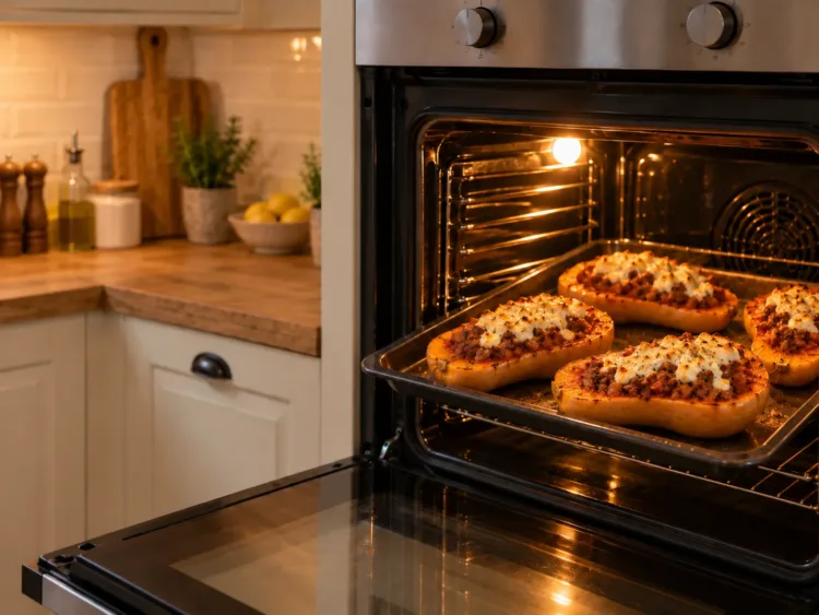 Gefüllten Butternut fertig backen – Gefüllter Butternut Kürbis mit Hackfleisch und Feta Gefüllter Butternut mit Hackfleisch und Feta im Ofen fertig gebacken