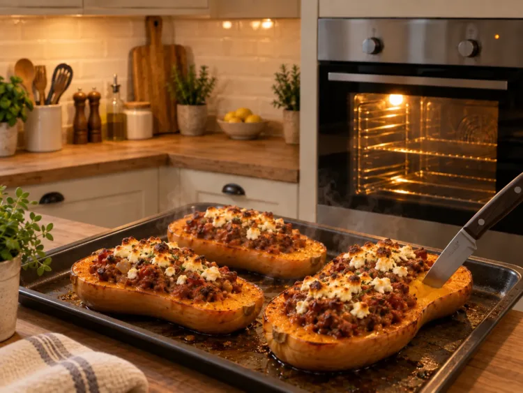 Garprobe machen und servieren – Gefüllter Butternut Kürbis mit Hackfleisch und Feta Fertig gebackener gefüllter Butternut Kürbis mit Hackfleisch und Feta