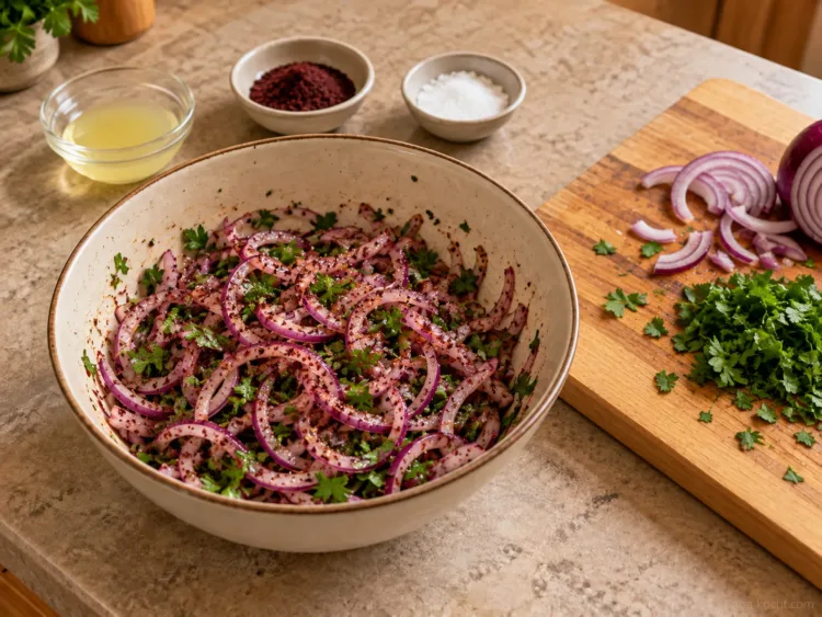 Sumach-Zwiebeln mit Petersilie vorbereiten – Hähnchen-Tantuni Feine rote Zwiebelringe mit Sumach und gehackter Petersilie für Hähnchen-Tantuni.