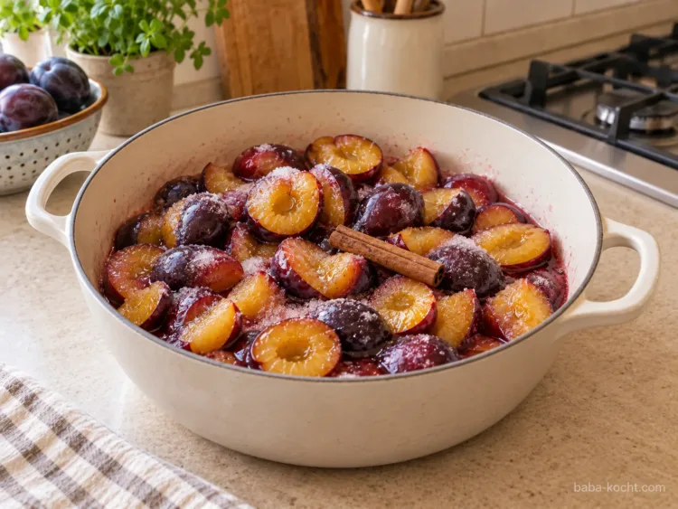 Mit Zucker und Zimt ziehen lassen – Pflaumenmarmelade ohne Gelierzucker Rohe Pflaumenstücke mit Zucker und einer ganzen Zimtstange im breiten cremefarbenen Topf vor dem Kochen.