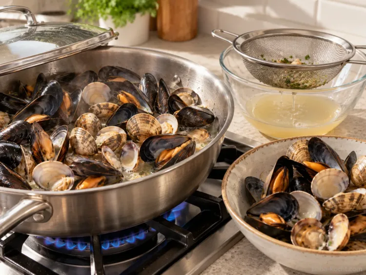 Muscheln öffnen und Sud sichern – Spaghetti Frutti di Mare