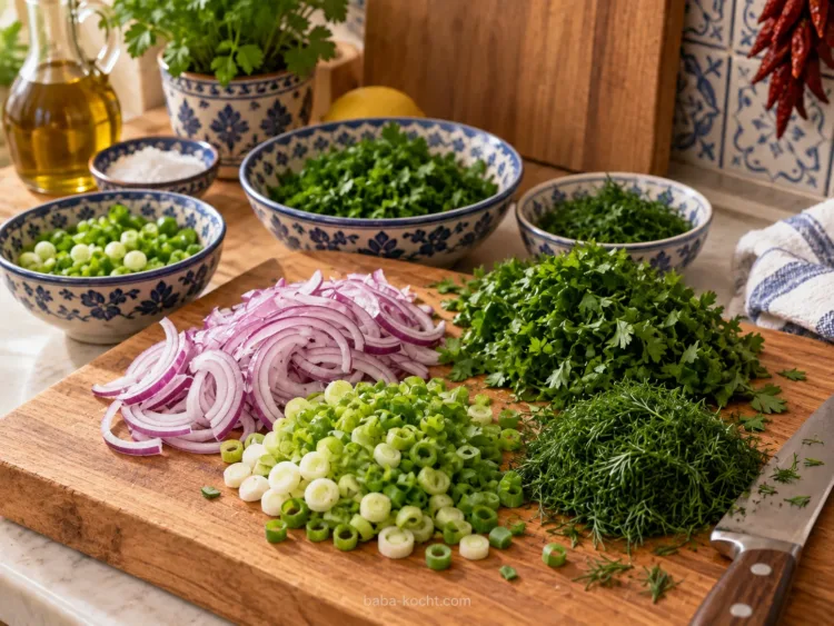 Zwiebeln und Kräuter vorbereiten – Türkischer Kartoffelsalat Zwiebeln und Kräuter vorbereiten – Türkischer Kartoffelsalat