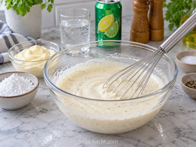 Dressing anrühren – Cremiger Coleslaw mit Weißkohl, Möhren & roter Zwiebel Dressing anrühren – Cremiger Coleslaw mit Weißkohl, Möhren & roter Zwiebel