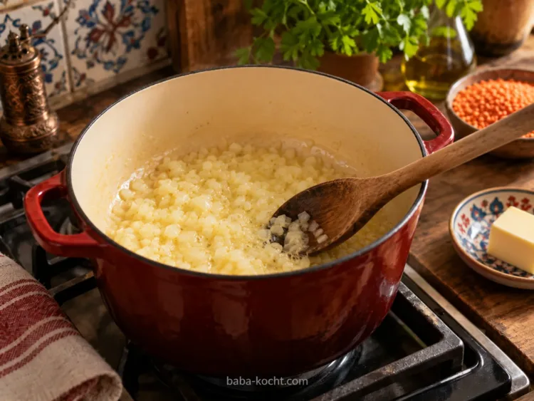 Zwiebel anschwitzen – Mercimek Corbası
