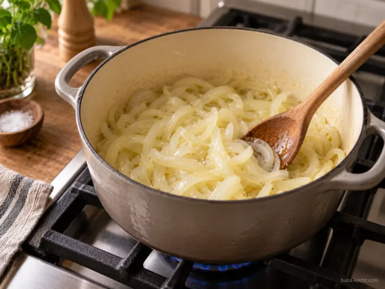Zwiebeln weich dünsten – Zwiebelsuppe