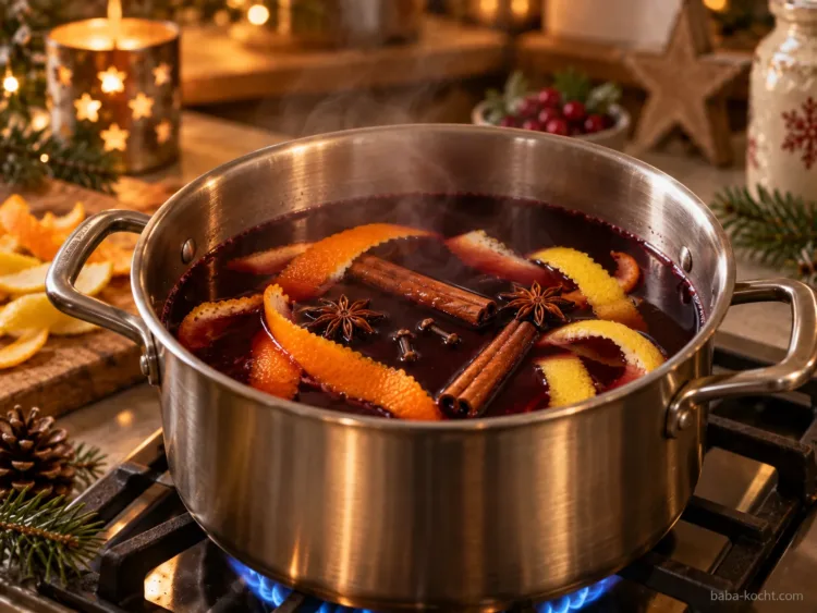 Rotwein und Gewürze erhitzen – Feuerzangenbowle Rotwein und Gewürze erhitzen – Feuerzangenbowle