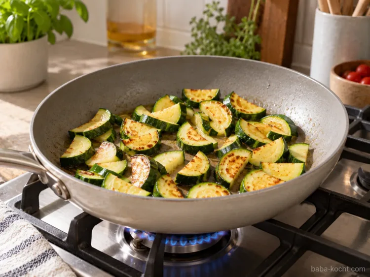 Zucchinistücke werden in einer großen Pfanne auf dem Gasherd kräftig goldbraun angebraten
