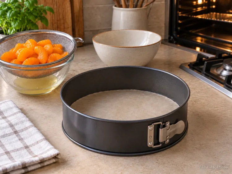 Vorbereitete 26-cm-Springform und vorgeheizter Backofen für Mandarinen-Käsekuchen