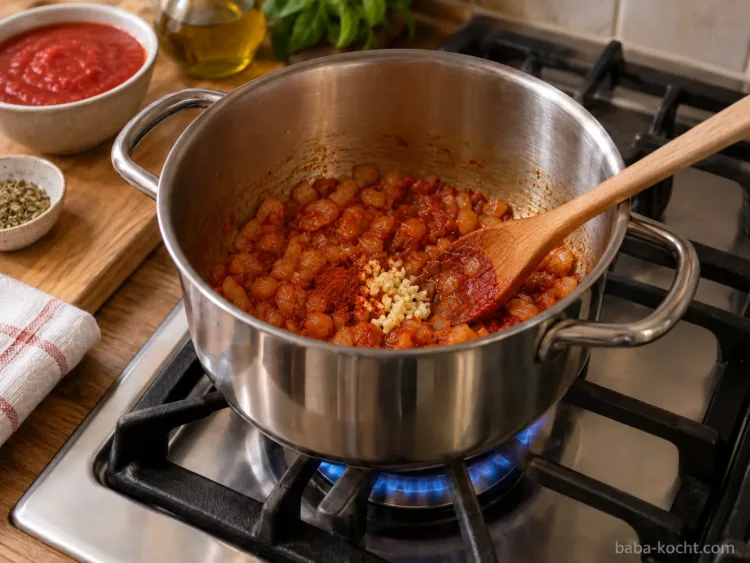 Tomatenmark anrösten – Tomatensuppe mit passierten Tomaten Tomatenmark wird mit Zwiebeln und Knoblauch im Topf für die Tomatensuppe angeröstet