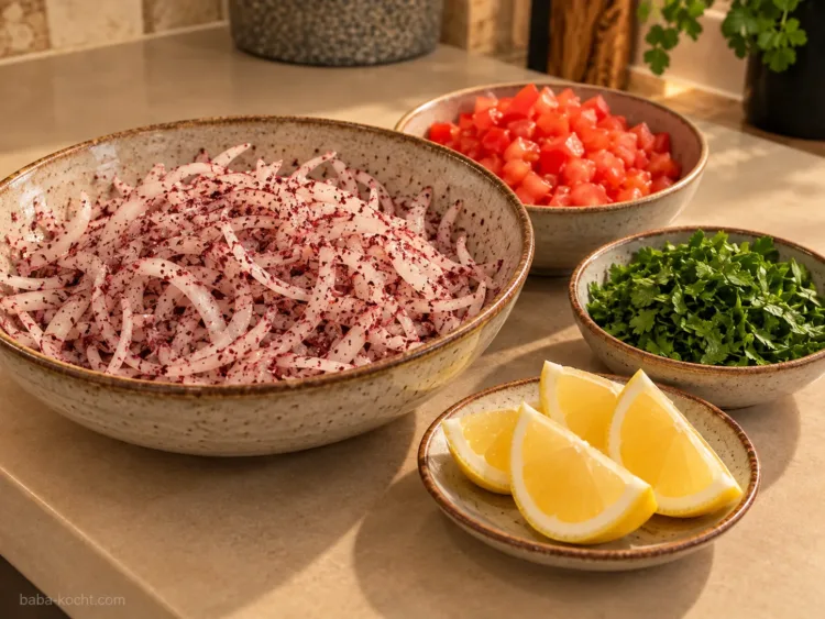 Zwiebeln, Tomaten und Petersilie vorbereiten – Mersin Tantuni mit Rindfleisch Feine Zwiebelringe mit Sumach, gewürfelte Tomaten, Petersilie und Zitrone vorbereiten