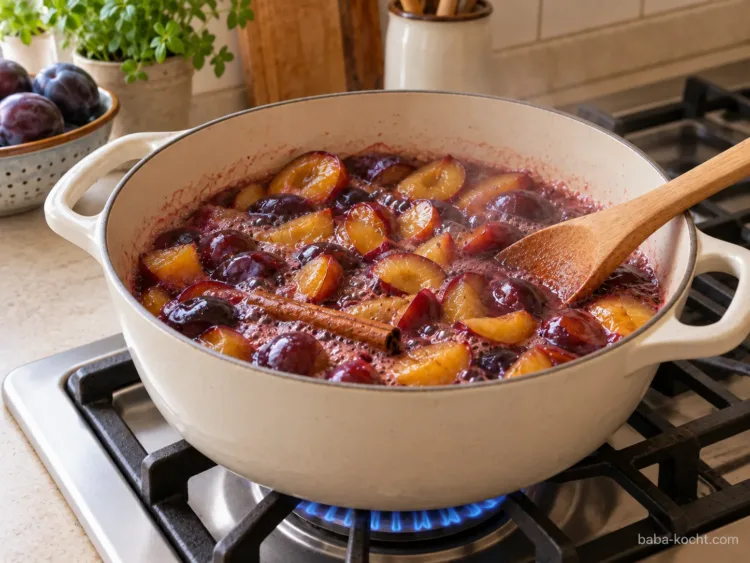 Pflaumen langsam aufkochen – Pflaumenmarmelade ohne Gelierzucker Pflaumenstücke mit einer ganzen Zimtstange kochen im cremefarbenen Topf auf einem Gasherd.