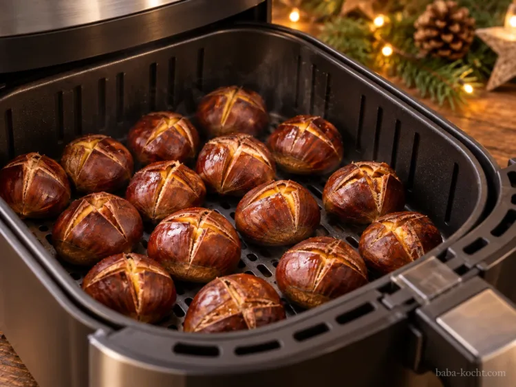 Im Airfryer rösten – Maronen im Airfryer Eingeschnittene Maronen beim Rösten im Airfryer-Korb
