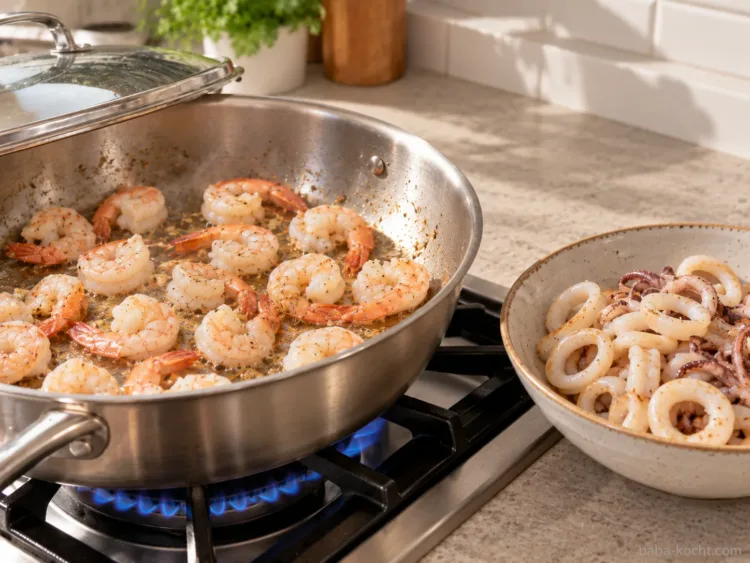 Calamari und Garnelen kurz garen – Spaghetti Frutti di Mare