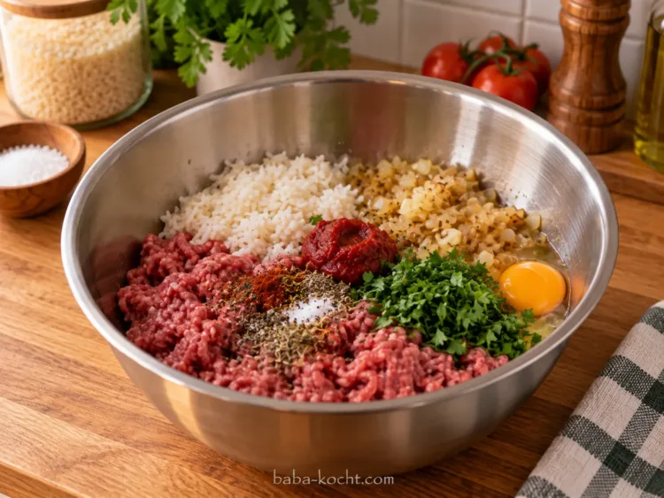 Hackfleischfüllung mischen – Gefüllte Paprika mit Rinderhack Hackfleischfüllung mischen – Gefüllte Paprika mit Rinderhack