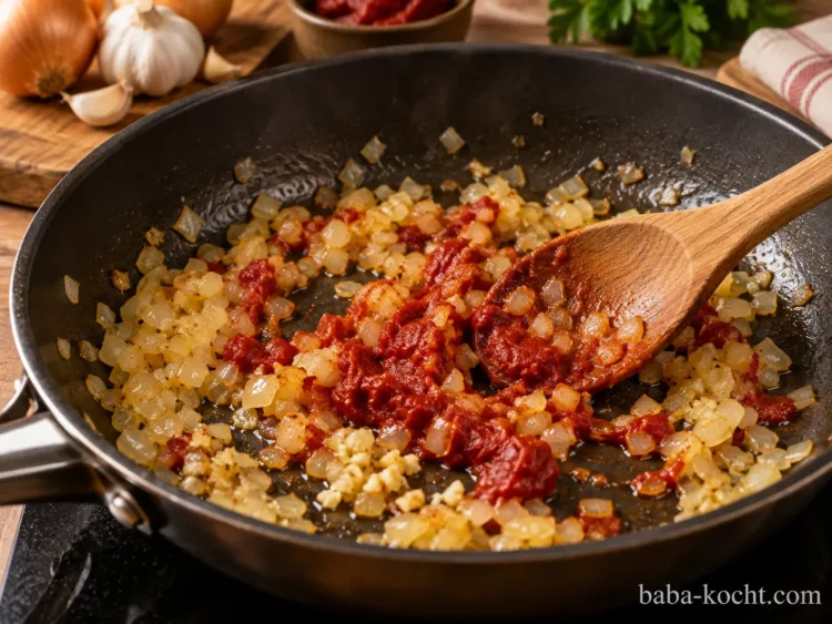 Zwiebel und Knoblauch anschwitzen – Cremige Knoblauch-Parmesan-Hähnchen-Pasta Zwiebel und Knoblauch anschwitzen – Cremige Knoblauch-Parmesan-Hähnchen-Pasta