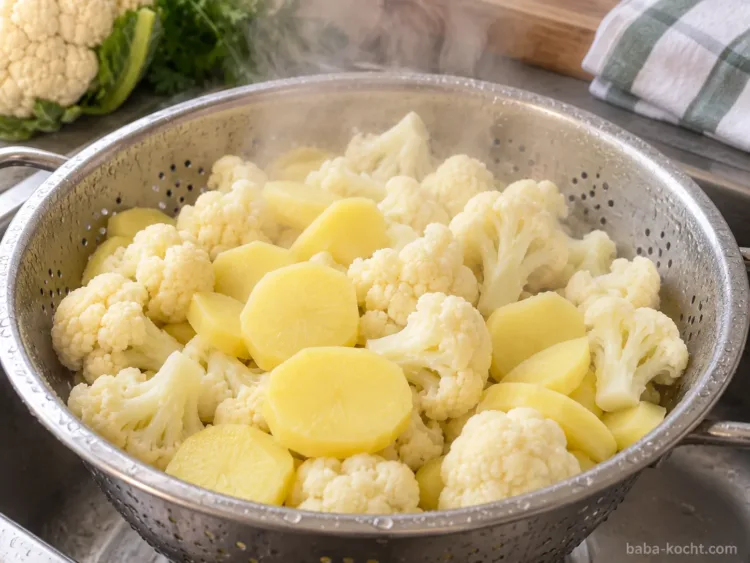 Blumenkohlröschen garen kurz zusammen mit den Kartoffelscheiben