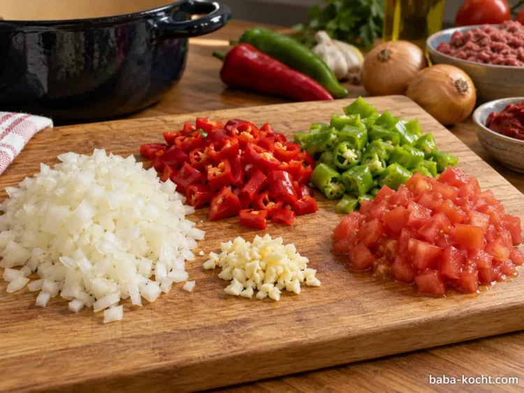 Geschnittene rote und grüne Spitzpaprika mit Zwiebel, Knoblauch und Tomate