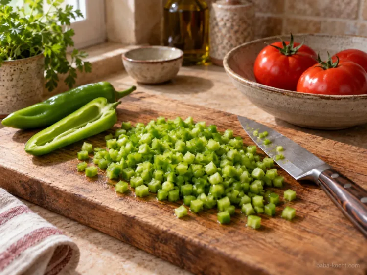 Spitzpaprika schneiden – Gavurdağı Salatası Spitzpaprika schneiden – Gavurdağı Salatası