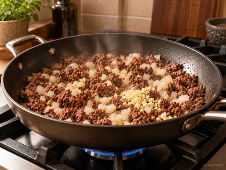 Zwiebel und Knoblauch zugeben – Spitzkohl-Hackfleisch-Pfanne