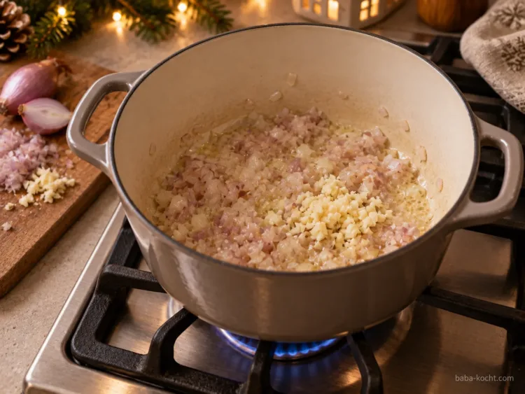 Schalotten anschwitzen – Maronensuppe Schalotten anschwitzen – Maronensuppe