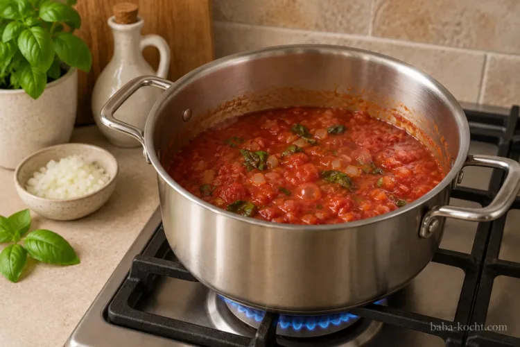 Tomatensoße für Parmigiana di Melanzane einkochen