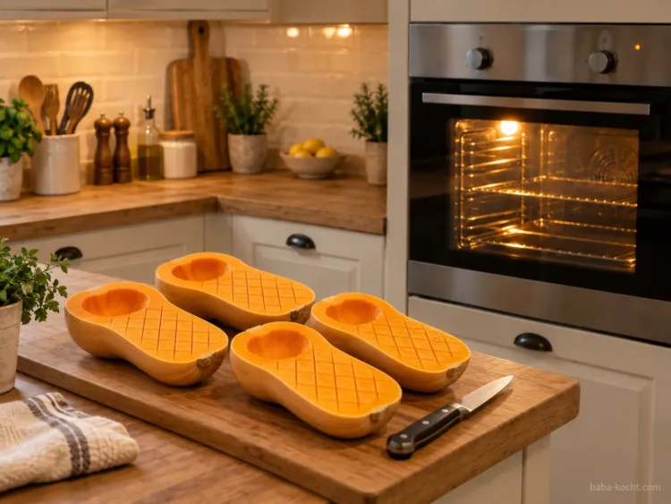 Fruchtfleisch einritzen – Gefüllter Butternut Kürbis mit Hackfleisch und Feta Butternut-Fruchtfleisch rautenförmig eingeritzt