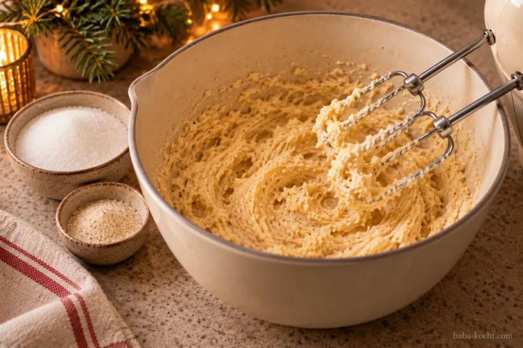 Gebräunte Butter wird mit Zucker, Vanillezucker und Salz cremig verrührt.