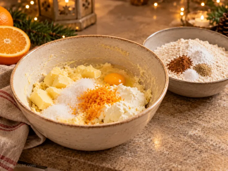 Butter, Zucker, Ei und Quark in einer Rührschüssel; die Mehl-Gewürz-Mischung steht separat bereit.